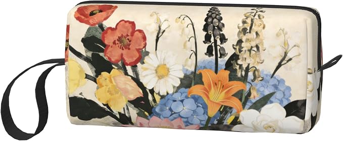Vintage Botanical Garden Floral Makeup Bag for Women Wrist Strap | Durable 600D Oxford Fabric Cosmetic Organizer,Compact Travel Pouch with Handle for Gym & Daily Use