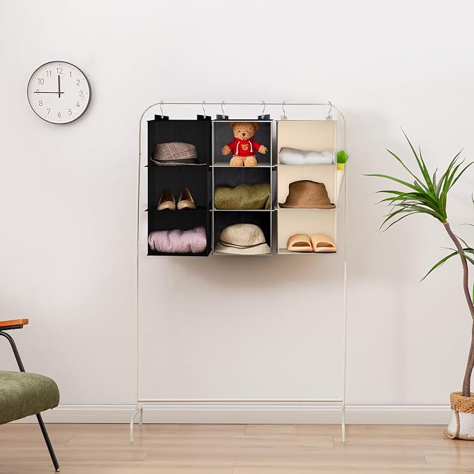 YOUDENOVA Hanging Closet Organizer and Storage for Clothes, 3-Shelf, Beige | Locker/RV/Camper Organizer, Side Pocket, Hanging Shelves for Small Closet, Dorm Room Essentials for Guys, Breathable Fabric