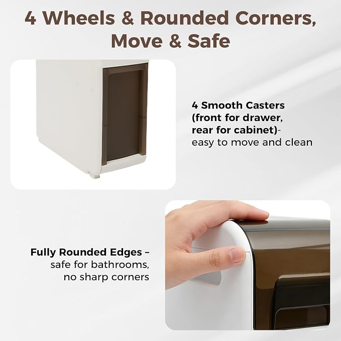 Slim Bathroom Storage Cabinet with Trash Can, Narrow Movable Waterproof Bathroom Floor Cabinet with Toilet Paper Holder for Bathrooms Toilet (15.1 * 6.9 * 31.5in)