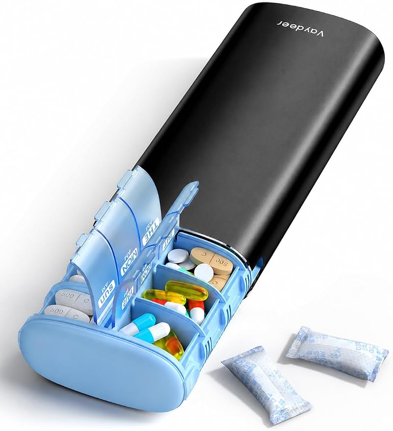 Vaydeer Metal 7 Day Travel Pill Organizer 2 Times a Day, Built-in Desiccant | AM PM weekly Travel Pill Case, Twice-Daily，Airtight Large Capacity Pill Box for Vitamins, Medication, Supplements & Fish Oil