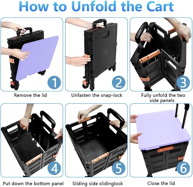 Quick Utility Cart Folding Portable Rolling Crate Handcart with Durable Heavy Duty Plastic Telescoping Handle Collapsible 4 Rotate Wheels for Travel Shopping Moving Luggage Office Use