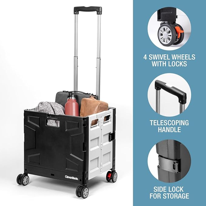 CleverMade Wheeled Trolley Crate - 35L (4 Wheels) - Black/Cream [Cool Gray 1C] and Collapsible Milk Crate (Recycled) - 25L - Stone (3PK) Bundle