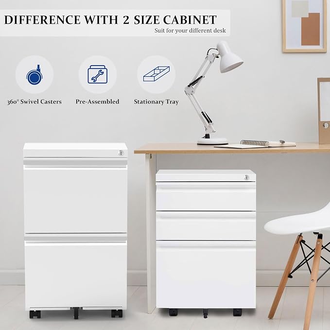 3-Drawer Mobile File Cabinets Rolling Metal Filing Cabinet for Legal & Letter File Anti-tilt Design with Lock Under Desk Office Drawers Fully Assembled Except Casters Elegant White