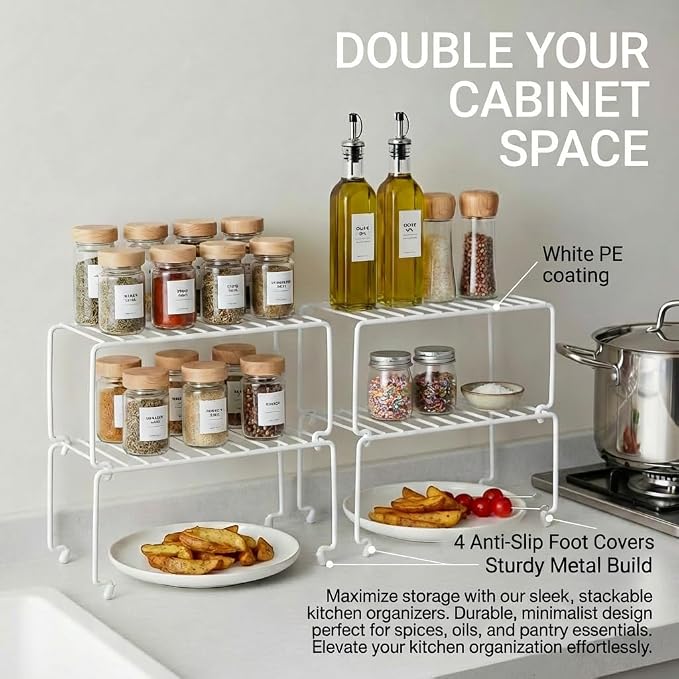 2-Pack Small (10.8x5.3inch) White Stackable Shelf Organizer Rack, Kitchen Shelves Organization for Cabinet, Pantry Organizers and Storage, Wire Shelf Rack, Desk Organizer, Rustproof