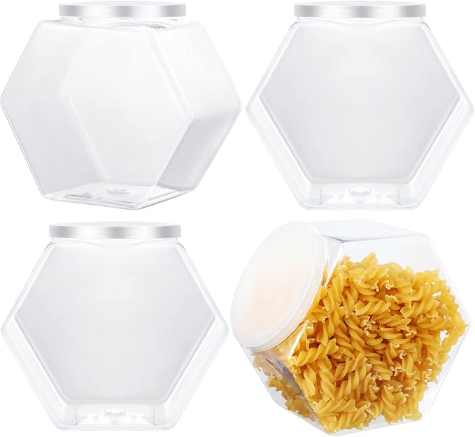 EBOOT 4 Pcs 29 oz Plastic Candy Cookie Jars for Kitchen Counter Hexagon Cookie Jar with Lid Clear Candy Containers Laundry Pod Storage Container Dry Food for Buffet Dog Treats Craft
