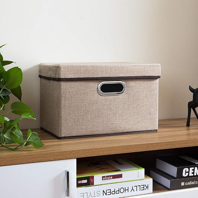 Collapsible Storage Cubes with Lids [1-Pack] Jute Fabric Foldable Storage Boxes Organizer Containers Baskets Bins with Cover for Home Bedroom Closet Office Nursery (14.9x9.8x9.8)