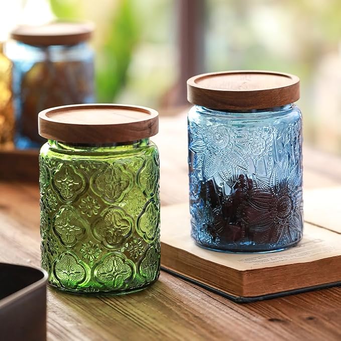 2 Pack 23.7 oz Blue Vintage Glass Storage Jars, Sunflower Kitchen Canisters | Airtight Pantry Containers, Coffee Bean Holder, Tea Sugar Organizer, Flour Cereal Holder, Candy Cookie Organizer, Home Decor