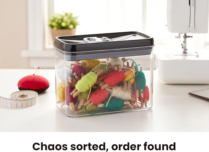 Felli Flip Tite Storage Container with Lid 4” RECTANGULAR Airtight Ring Flip Top, Stackable Kitchen Counter Pantry Organizer Acrylic Canister Jar for Pasta Spaghetti Cereal Granola Coffee (1.9qt)