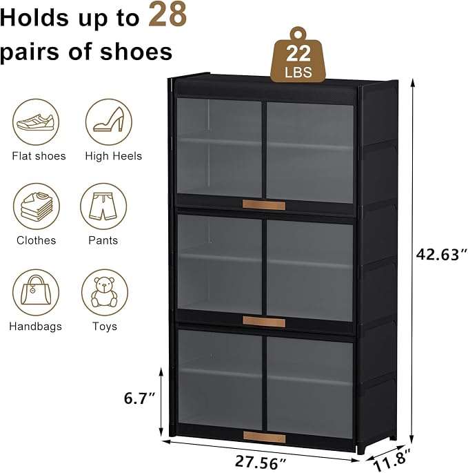 7 Tier Shoe Cabinet with Doors, 24-Pair Storage, Black | Tall Design Saves Floor Space, Transparent Doors for Quick Find, Adjustable Layers for Boots, Waterproof & Easy Wipe