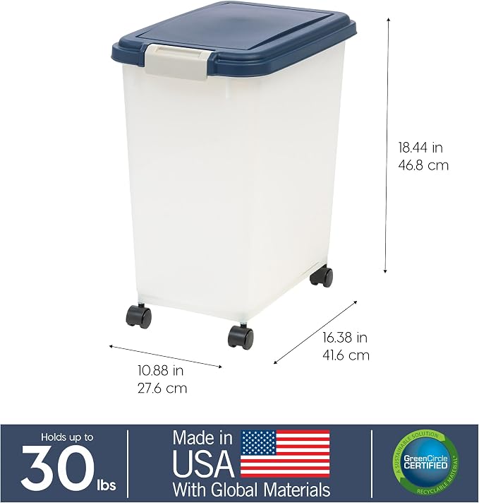 IRIS USA Dog Food Storage Container, Up to 30 lbs, Navy/Pearl, Made in USA | Wheels for Mobility, Airtight Seal, BPA-Free, Best for Bird Seed, Cat food, Cat Litter, Chicken Feed, Pellets