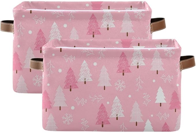 Christmas Tree Pink Storage Basket Fabric Kitchen Baskets Winter Snowflake Xmas Decorations Open Home Storage Bins Boxes Foldable Organizer Bag for Toy Book Shelf Closet Baskets 16×12×8 Inches 2 Pack