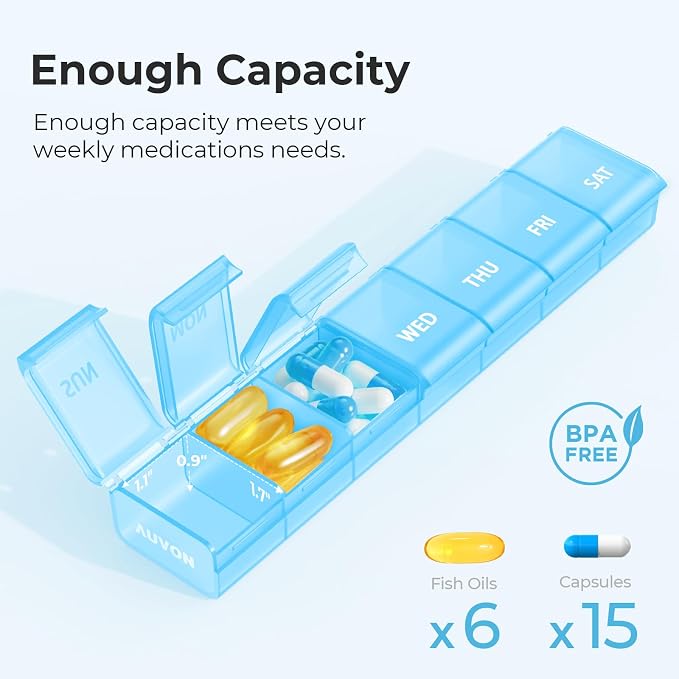AUVON Weekly Pill Organizer with Effortless Opening Design, BPA-Free | Arthritis Friendly Pill Box, Cute Pill Organizer 7 Day, Portable Pill Case for Vitamins, Supplements and Medications, Blue