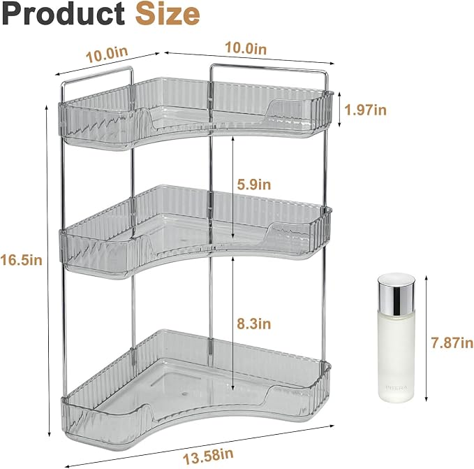 Corner Bathroom Counter Organizer, Vanity Organizer - Countertop Corner Shelf for Makeup Storage,Spice Racks for Kitchen Corner (Gray, 3-Tier)