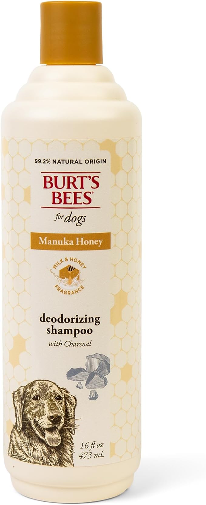 Burt's Bees for Pets Deodorizing Shampoo for Dogs, Manuka Honey & Charcoal, Reduces Odor, 95%+ Natural Origin, No Sulfates, Parabens or Phthalates, Leaves Milk & Honey Scent, 16 Fl Oz