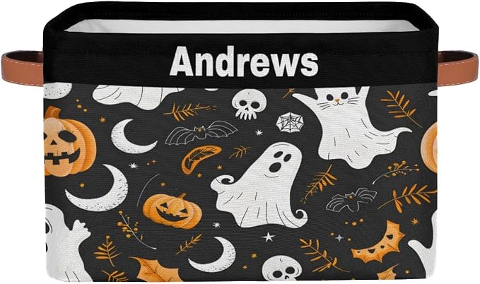 Custom Rectangular Baby Storage Basket, Kids Toys Bin, Books Shelf Basket, Clothes Towel Storage Bin for Nursery, Gift Basket, Pet Basket, Happy Halloween Ghost Pumpkins Bat Leaves