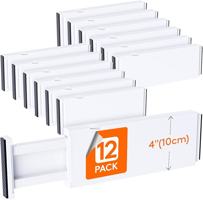 Lifewit 4" High Upgrade Drawer Divider, Adjustable Drawer Organizer Clothes | 12 Pack 11-17" Expandable White Plastic Drawer Separator for Dresser, Kitchen, Closet, Nursery, Office Organization & Storage