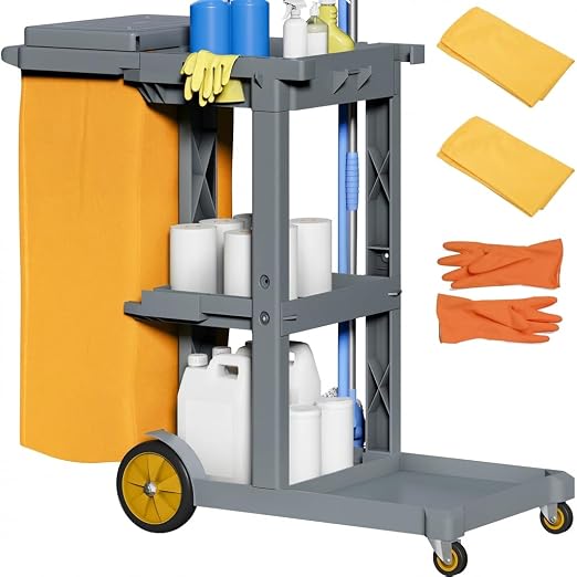 YITAHOME Grey Housekeeping Carts, Janitorial Cleaning Cart on Wheels | 3-Shelf Commercial Traditional Plastic Janitor Cart with Lid & 2 Yellow 25 Gallon Vinyl Bag, Mop & Broom Holders