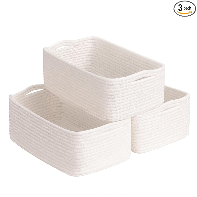 Goodpick 3-Pack Woven Storage Baskets for Gifts, 11 x 7 x 4.5 in | Empty Baskets for Closet, Dog Toy Basket for Pets, Closet Baskets for Organizing, Gift basket Empty, White
