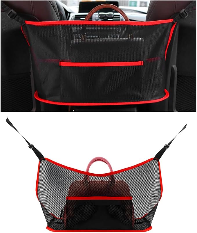 Car Net Pocket Handbag Holder, Driver Storage Netting Pouch Between Seats, Large Capacity Seat Back Organizer Mesh Pocket for Purses and Bags, Auto Backseat Pet Kids Barrier (Black & Red)