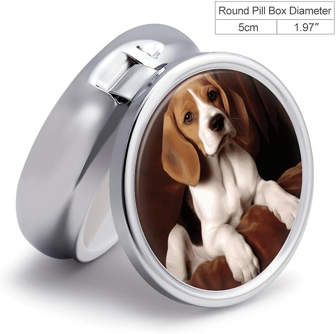 Ovely Pet Dog Beagle Pill Box 3 Compartment Round Travel Pill Case | Metal Mini Pill Organizer for Travel, Easy-Open, Fits Pocket/Purse, Small Pill Container for Vitamins Fish Oil & Supplements
