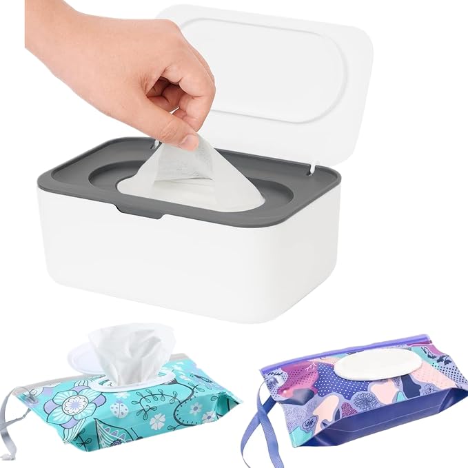 Wipes Dispenser Set,1 Wipe Box & 2 Portable Pouches,White-Grey | Refillable Reusable Large Wet Wipe Holder, Flushable Wipes Case Bathroom Wipes Container for Pet Nursery Kitchen Office