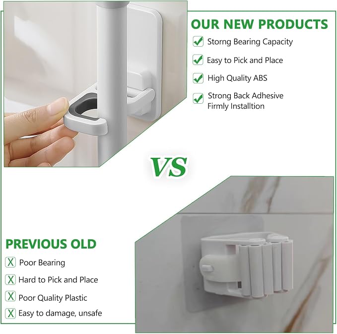 4pack Broom Holder Wall Mount Mop Holder Broom and Mop Gripper Self Adhesive No Drilling Anti-Slip Mop Handle Hanger Household Cleaning Organizer, Holds up to 6 lb