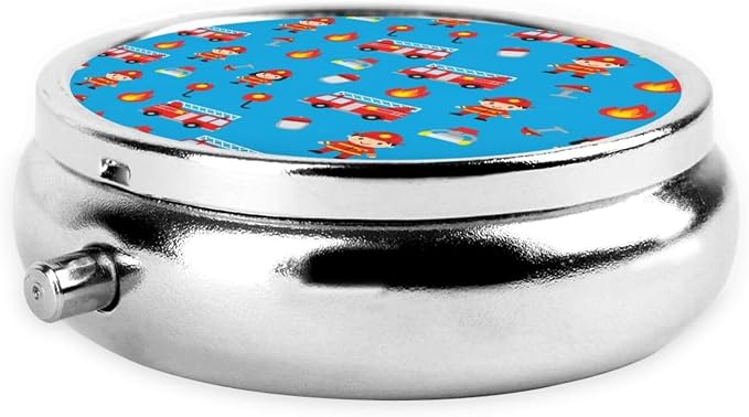 Small Pill Organizer, Round Metal Dispenser, Portable Case for Fish Oil, Travel Pill Box Purse Essential, Cute Red Fire Truck Blue