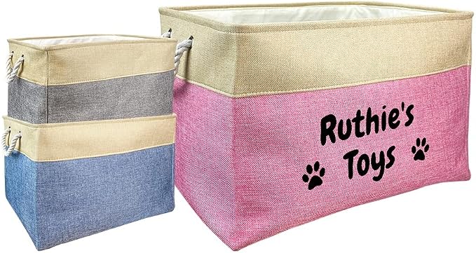 Custom Dog Basket for Toys Collapsible Storage Bin Grey Pink Blue Rectangular Pet Storage Organizer Box with Handles Extra Large Personalized Pet's Name