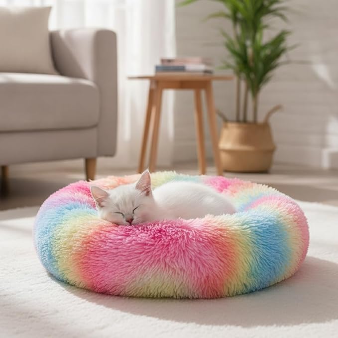 Cat Beds for Indoor Cats, Calming Dog Bed for Small Dogs & Pet, 13.5in | Donut Cama Para Gatos, Machine Washable, Anti-Slip & Water-Resistant Bottom, Deep Sleeping Fluffy Donut to 7Lbs, Small