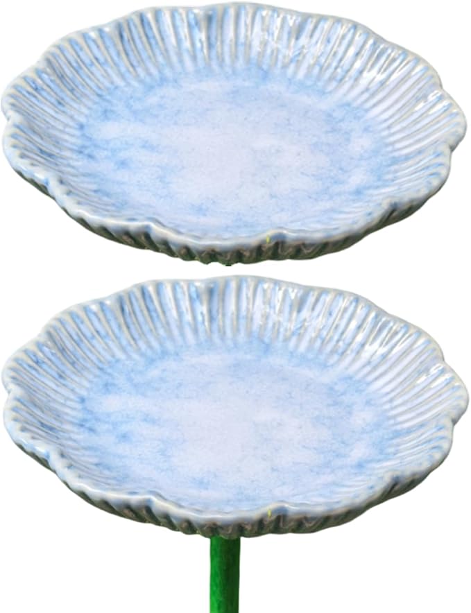 Ceramic Bird Bath Set of 2 with Fluted Bowl Stake, Vertical Blue | Decorative Glazed Water Basin for Patio Garden Balcony Display