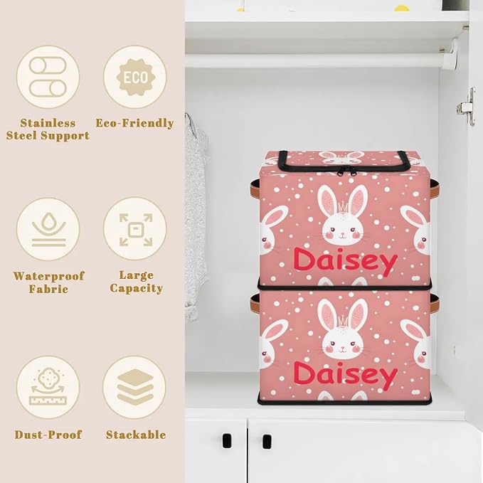 Custom Cute Rabbits Storage-Bin With Zipper Lid for Kids-Girls-Boys-Baby-Pet,Personalized Name Foldable Storage Box with Handle,Baby Basket With Label for Bedroom Nursery Toy Clothes,Pink