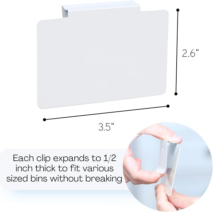 Hygge & Sage: Metal Non-Slip Basket Labels Clip On for Storage Bins, or Wire Racks | Includes 8 Labels, 8 Non-Slip Pads, and 1 Free Marker (White)