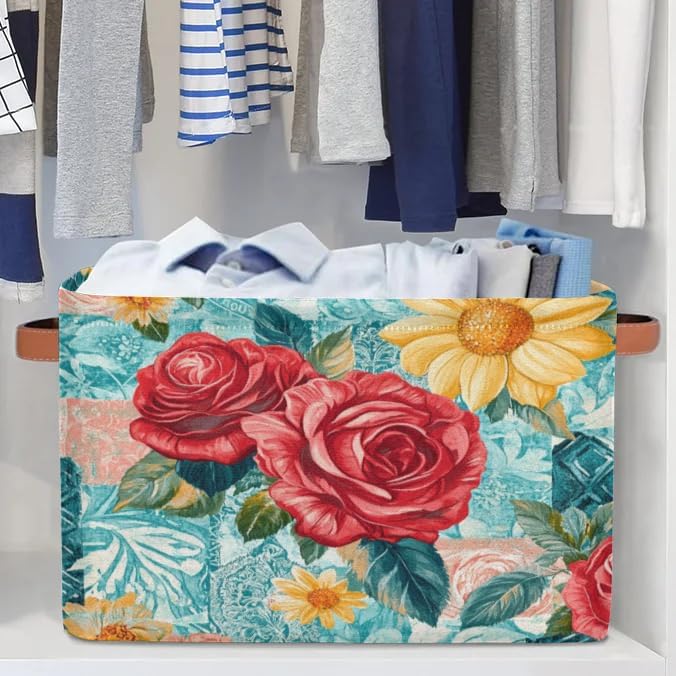 Teal Rose Floral Storage Baskets with Handles Fabric Storage Boxes Collapsible Nursery Basket for Shelf Book Cloth 15 X 11 X 9.5 IN Closet Organizer Bins