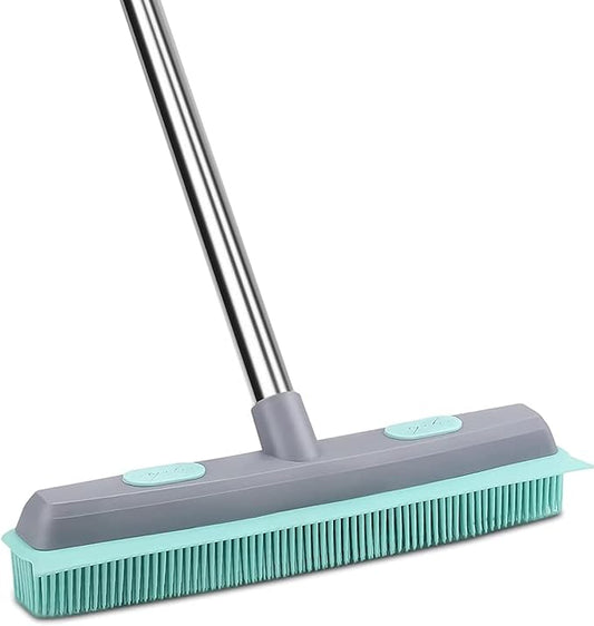 Pet Carpet Hair Rubber Broom with 49inch Long Handle, Portable Detailing Lint Remover, Soft Push Broom for Fluff Carpet, Hardwood, Tile, Window