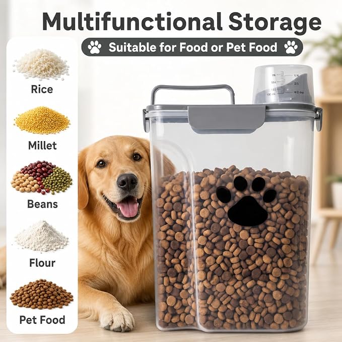 5-7Lbs Dog Cat Food Storage Container with cleaning brush | 4 Snap Seals,Portable Pet Food Containers with Upgraded Large Nozzle and Measuring Cup,Cats,Birds(Large-Grey)