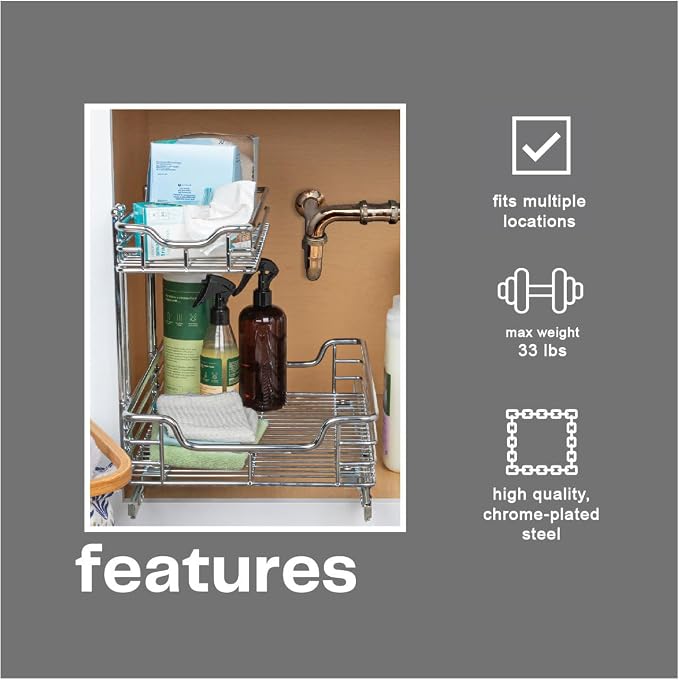 Household Essentials Glidez 2‑Tier Multipurpose Chrome‑Plated Steel Pull‑Out/Slide‑Out Under Sink Organizer, Chrome Finish