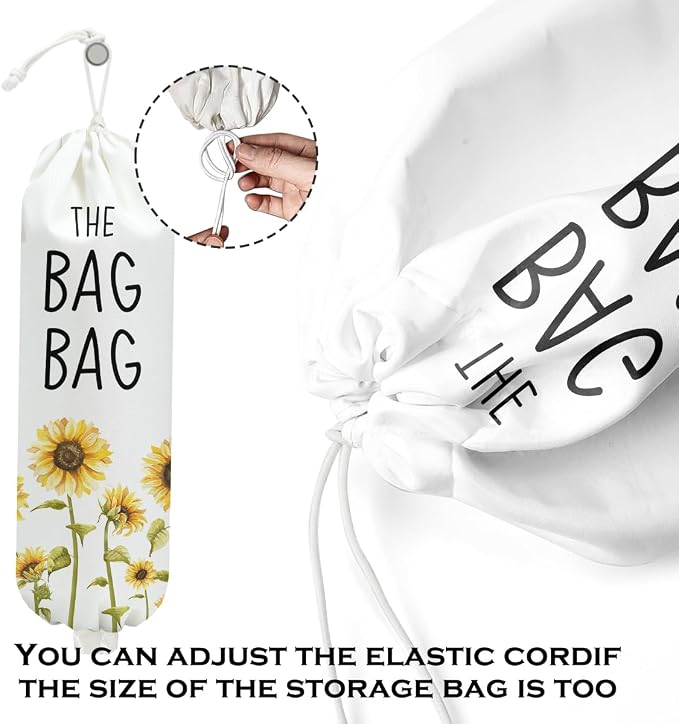 Sunflower Plastic Bag Holder, Wall Mount Grocery Bag Holder for Plastic Bags | Pull Rope Free Adjustment, Sunflower Reusable Shopping Bags Storage Dispenser for Home Kitchen Pantry, 22.5x9 Inch