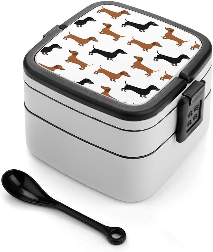 Dachshund Weiner Pet Dogs Double Layer Bento Box, 1000ml Stackable Leakproof Lunch Container with Spoon, Portable 2-Tier Food Storage Box for Office Work Picnic Camping and Travel