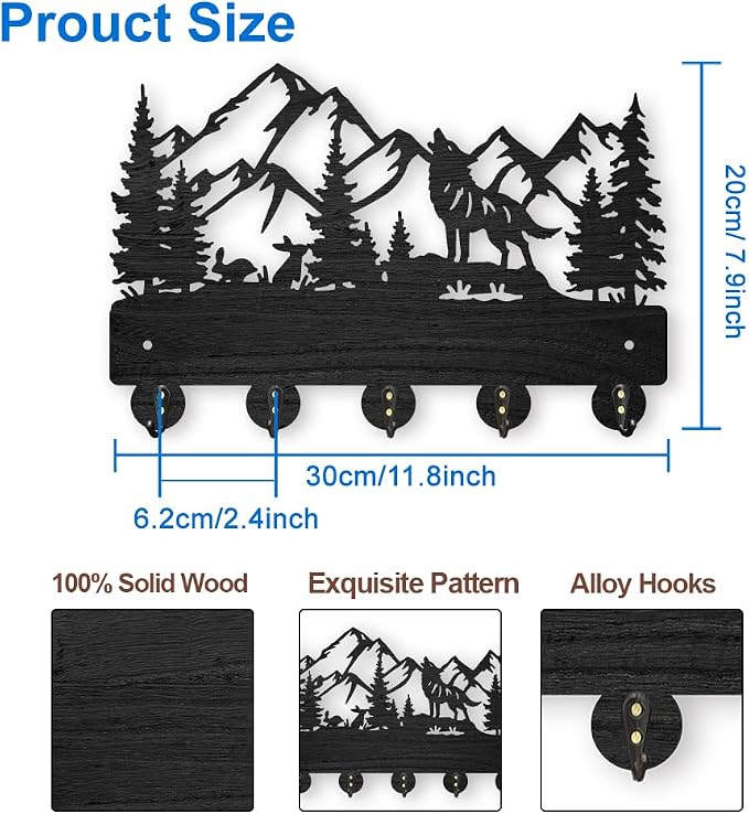 MAYJOYDIY Wolf Rabbit Forest Coat Hooks Wood Animal Moutain Key Holder Wall Mount 11.8×7.9inch Key Hanger Wall Art Decor 5 Alloy Hooks Black Key Rack Organizer for Gift Entryway Hallway Kitchen Room