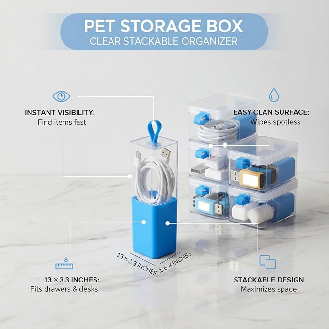 Stackable PET Storage Box, Rigid Clear Organizer for Cables & Small Items, Durable Transparent Container, 13 x 3.3 x 1.6 Inches