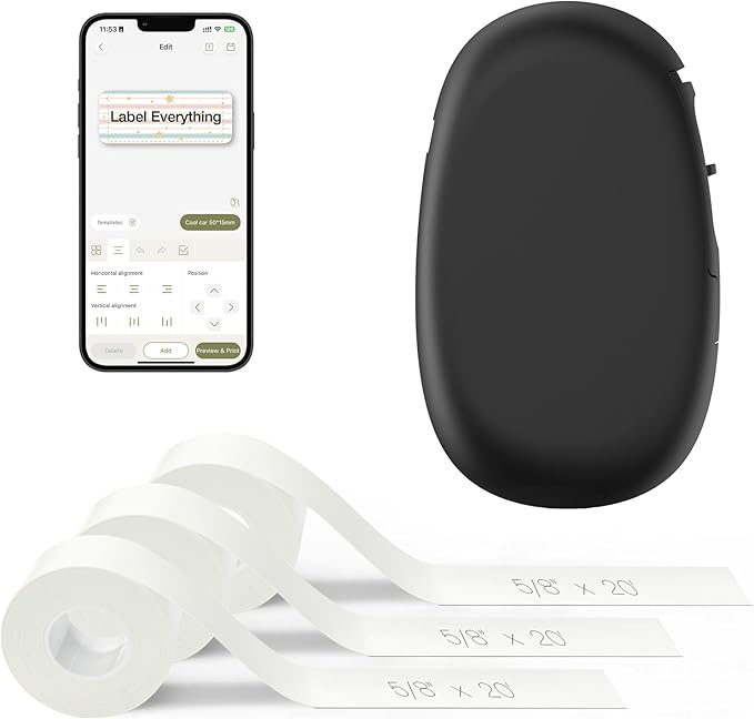 SUPVAN E10 Bluetooth Label Maker Machine with 3 Tapes, Black Bundle | Fits Continuous & Die-Cut Waterproof Label, Easy App Editing, Rechargeable, Inkless, for School, Home, Kitchen, Office