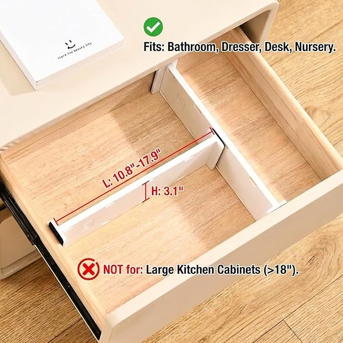 Adjustable Drawer Dividers, 3.1" High, 10.8-17.9", 6 Pack | Expandable organizer with non-slip locking mechanism & foam pads. Fits baby nursery, bathroom vanity & desk drawers.