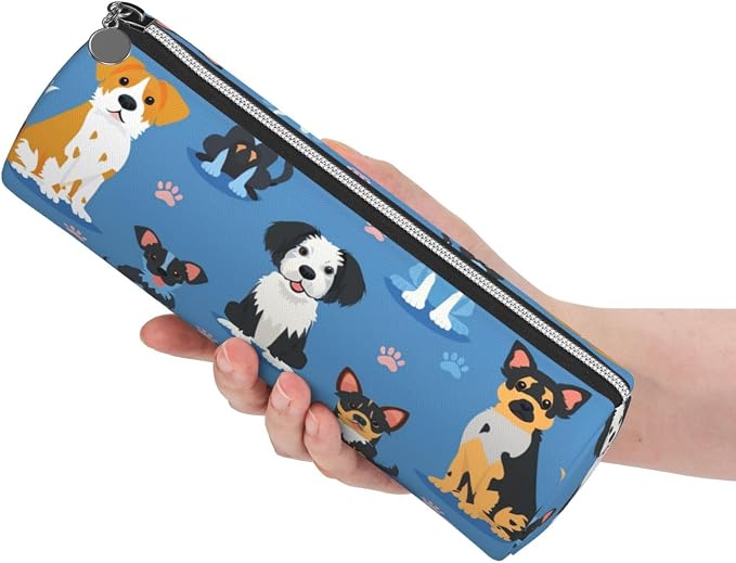 OSAM SPACE Leather Pencil Case Round Pencil Bag Cute Dogs Breeds Pen Organizer Holder Portable Zipper Pouch Cute School Supplies for Girls Boys Study Office