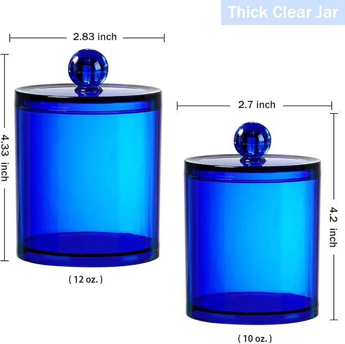 SheeChung 6 Pack Qtip Holder, Blue Acrylic Apothecary Jars for Bathroom | (3) 12oz & (3) 10oz Qtip Holder Set- Shatterproof Bathroom Vanity Organizer for Cotton Swabs, Balls, Pads - Coastal Decor