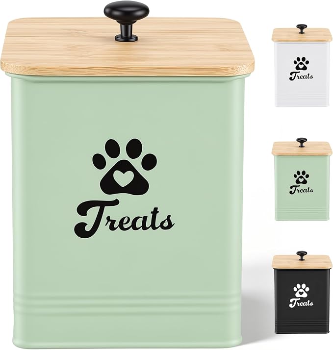 Dog Treat Container Airtight, 5.7"W x 6.7"H Iron Pet Treat Jar with Bamboo Lid, 12 Cup Food Storage Canister for Kitchen Counter, Decorative Pet Cookie Jar for Dog Snacks Kibble,Saga Green