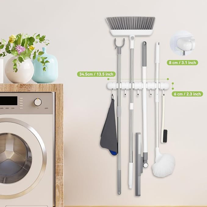 OTraki Broom Holder Wall Mount, No Drill Mop and Broom Organizer | with 4 Slots and 5 Hooks, Garden Tool Hanger for Laundry Room Closet Kitchen Garage Storage and Organization