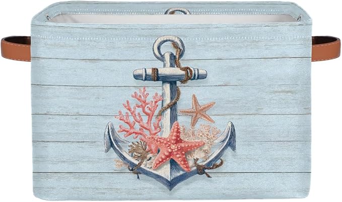 Pardick Storage Baskets Bin, Woodanchor Starfish Collapsible Canvas Fabric Storage Bin Decorative Baskets Toy Organizer Rectangle Storage Boxes with handles for Home Shelves Nursery,Q-5
