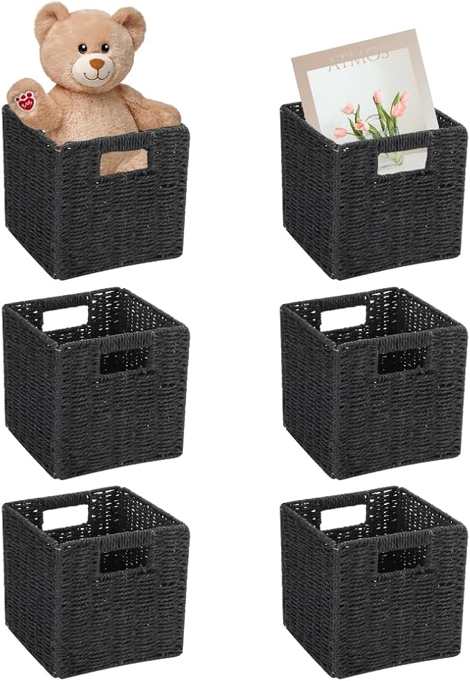 6 Pack 8.7 Inch Wicker Baskets | Hand Paper Rope Storage Baskets，Foldable Cube Storage Bins Organizer Square Wicker Cubes for Shelves (Black)