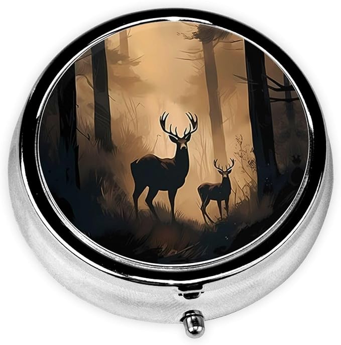 Pill Box, Small Pill Organizer with 3 Compartments and Mirror, Cute Round Portable Travel Metal Pill Case for Pocket or Purse, Privacy-Protecting Medicine Box-Jungle Forest Deer