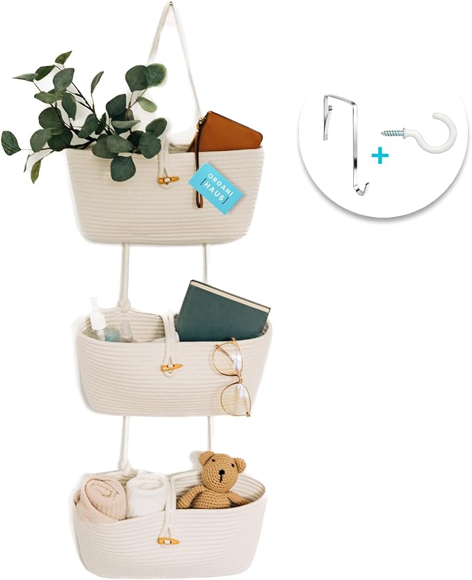 OrganiHaus Over the Door Organizer, Woven Rope Hanging Baskets, 3-Tier | Cotton Wall Storage Basket For Nursery Decor, Entryway, Bathroom, Playroom Or Dorm, Mounts On Door Or Wall, Off-White